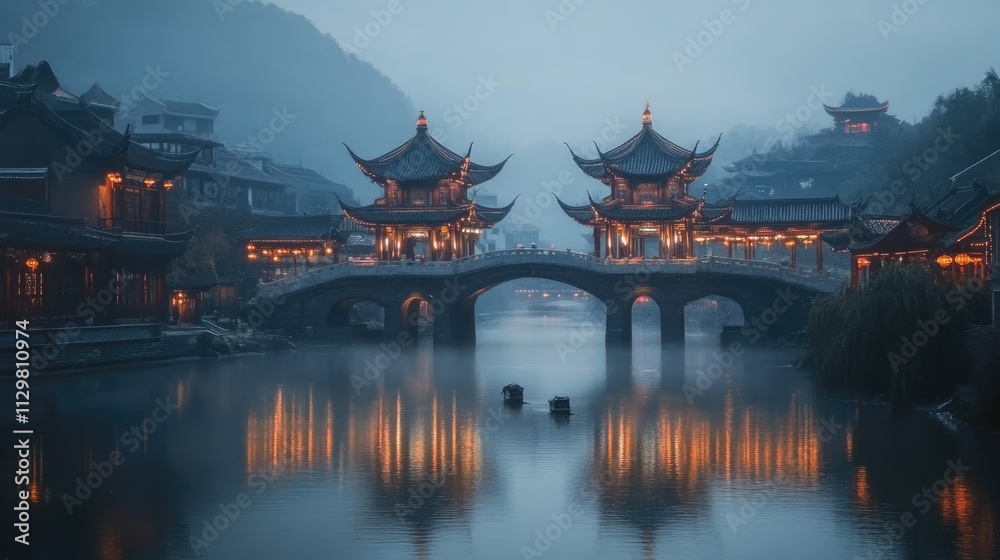 Fototapeta premium night scene of chinese temple over a river