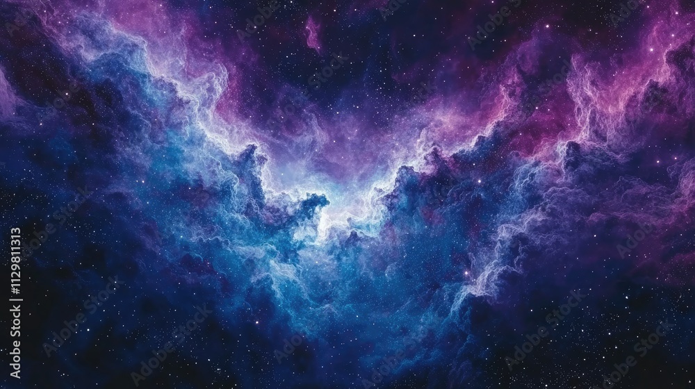 Fototapeta premium Night sky with stars. Universe filled with clouds, nebula and galaxy. Landscape with gradient blue and purple colorful cosmos with stardust and milky way. Magic color galaxy, space background