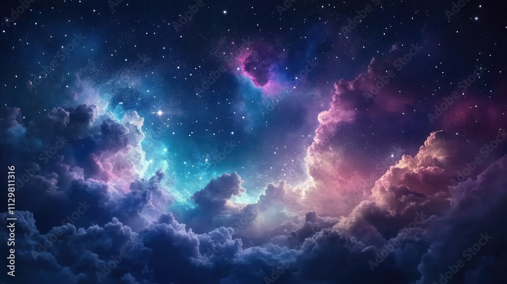 Night sky with stars. Universe filled with clouds, nebula and galaxy. Landscape with gradient blue and purple colorful cosmos with stardust and milky way. Magic color galaxy, space background Night sky with stars. Universe filled with clouds, nebula and galaxy. Landscape with gradient blue and purple colorful cosmos with stardust and milky way. Magic color galaxy, space background