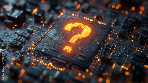 Futuristic Circuit Board with Glowing Question Mark in Cyberpunk Style