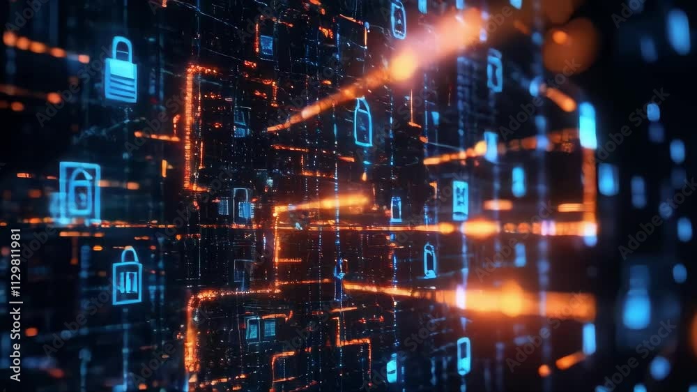 Animated digital network with security icons, visualizing data flow and protection. Ideal for cybersecurity and technology projects.. AI Generation