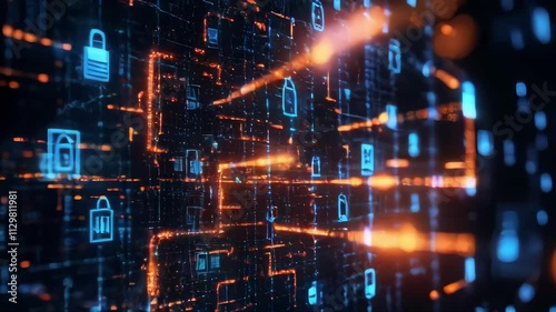 Animated digital network with security icons, visualizing data flow and protection. Ideal for cybersecurity and technology projects.. AI Generation
