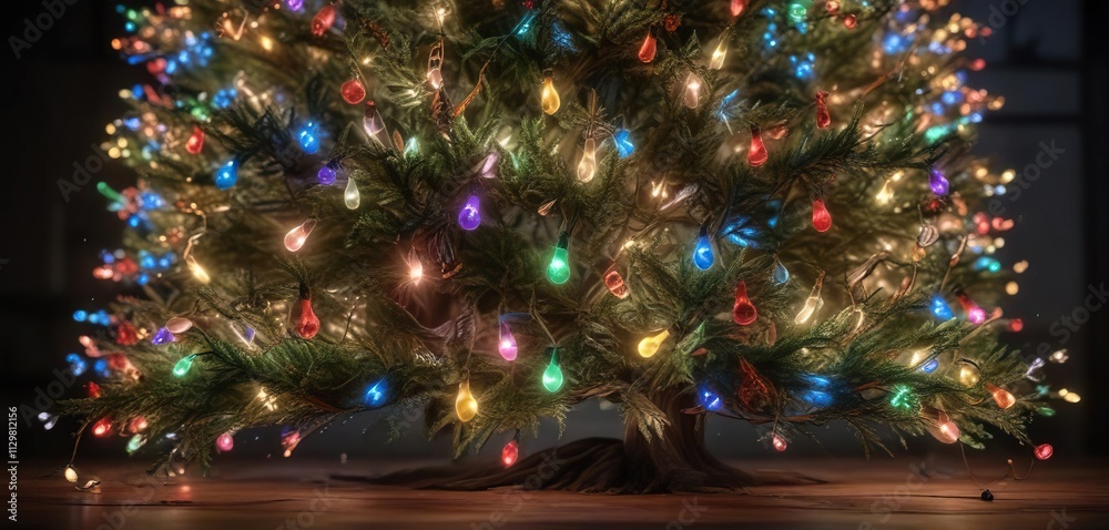 Colorful Christmas lights wrapping around a tree, wintery theme, seasonal decor Colorful Christmas lights wrapping around a tree, wintery theme, seasonal decor