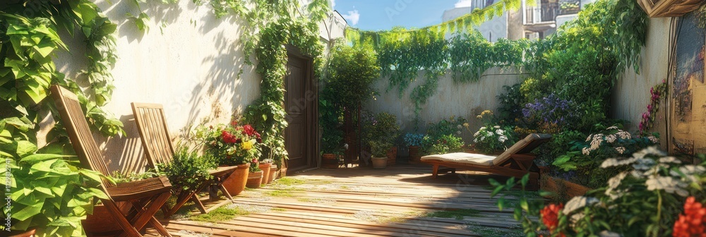 Sunlit Overgrown Courtyard With Wooden Chairs And Lounger Sunlit Overgrown Courtyard With Wooden Chairs And Lounger