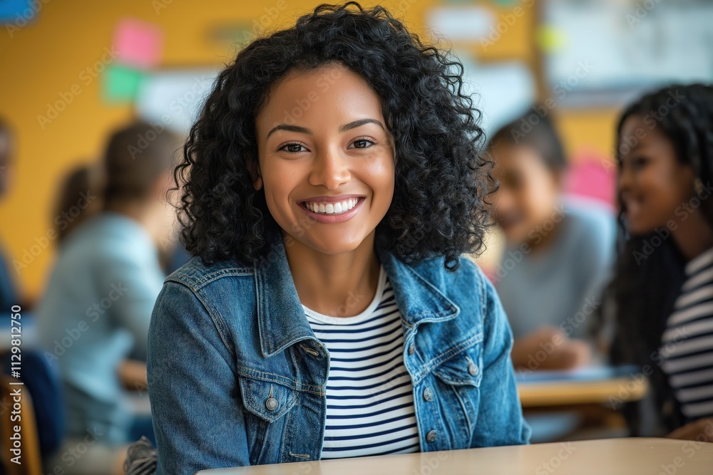 Teacher smiles during parent-teacher meeting. Happy educator interacts with parents. Positive school environment. Classroom setting. Educational event. Teacher smiles during parent-teacher meeting. Happy educator interacts with parents. Positive school environment. Classroom setting. Educational event.
