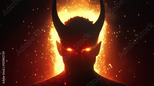 Silhouette of a horned devil with glowing eyes amidst fiery sparks. Perfect for horror, fantasy, and dark-themed projects.. AI Generation