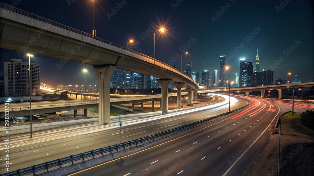 Colorful shHigh-speed highway overpass at night with blurred traffic and city lights in the background, night, highway Colorful shHigh-speed highway overpass at night with blurred traffic and city lights in the background, night, highway