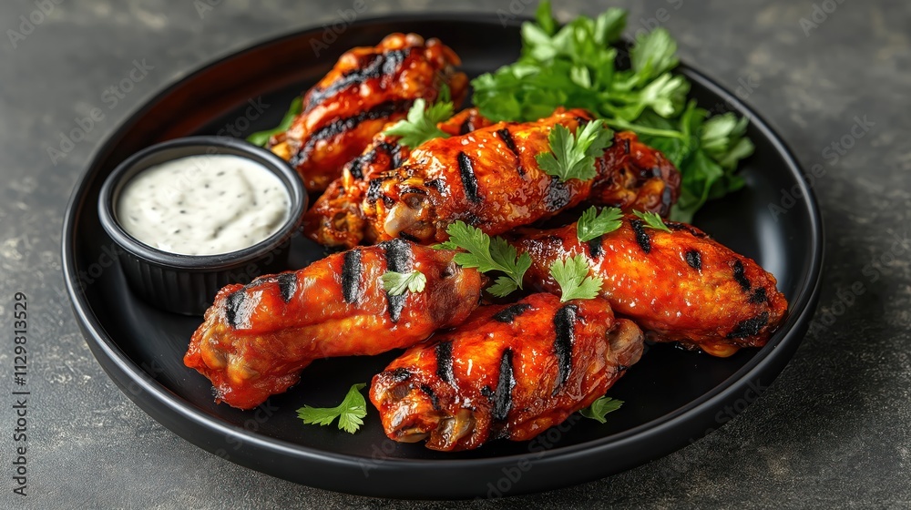 Grilled buffalo chicken wings served with ranch dressing, fresh parsley. Spicy buffalo sauce covers juicy chicken. Appetizer perfect for parties game day. Delicious, flavorful food. Restaurant Grilled buffalo chicken wings served with ranch dressing, fresh parsley. Spicy buffalo sauce covers juicy chicken. Appetizer perfect for parties game day. Delicious, flavorful food. Restaurant