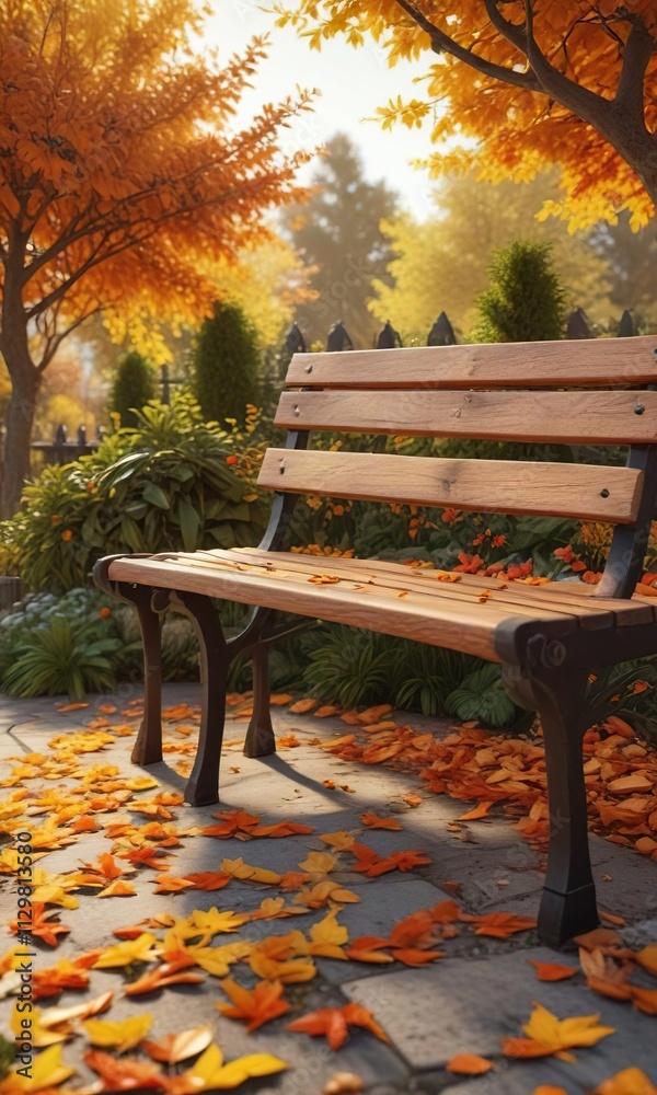 Cozy autumn garden bench with vibrant orange and yellow leaves, seasonal ambiance, natural scenery Cozy autumn garden bench with vibrant orange and yellow leaves, seasonal ambiance, natural scenery
