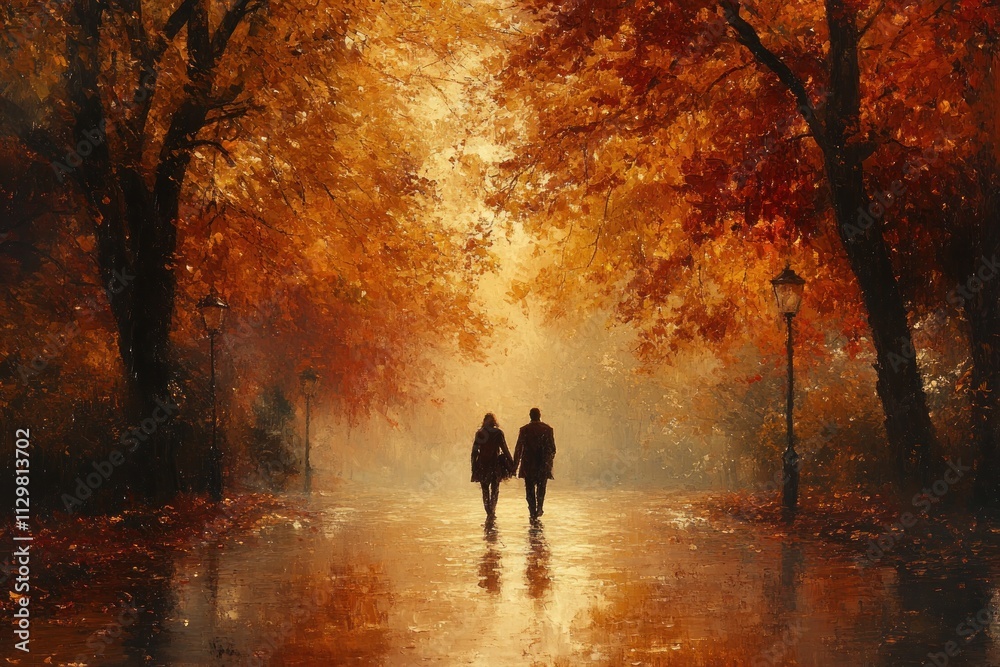 Grandmother and granddaughter walking in autumn park surrounded by colorful trees and leaves Grandmother and granddaughter walking in autumn park surrounded by colorful trees and leaves
