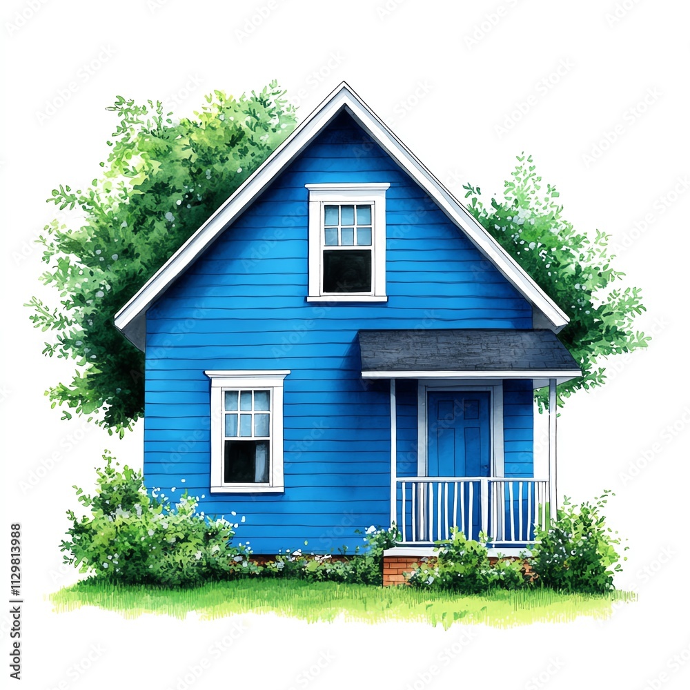 Charming blue house surrounded by lush greenery on a white isolated background. Charming blue house surrounded by lush greenery on a white isolated background.
