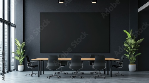 Office interior with blank black wall board