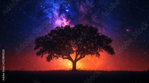 Milky Way Galaxy Night Sky Landscape with Silhouette of a Solitary Tree and Mystical Backlighting