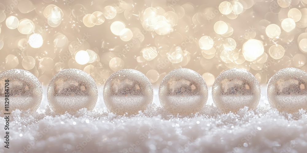Beautiful shiny Christmas ball banner arranged in a row on fresh white winter snow with a backdrop of sparkling lights 