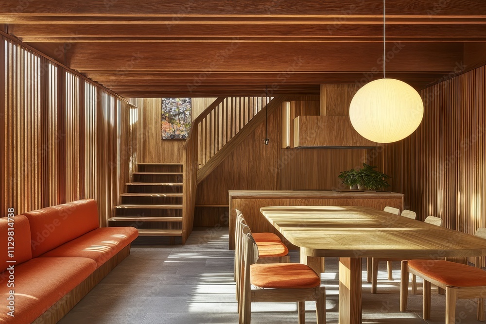 Naklejka premium Modern Wooden Home Interior With Orange Seating