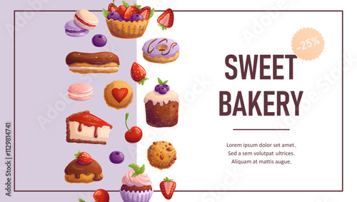 Template with desserts for flyer, sale, baking party, birthday,  sweet food banner. Space for text. Vector illustration.