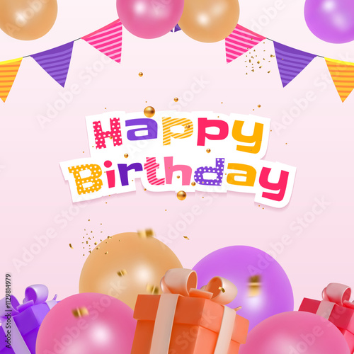 Birthday greeting text with gifts and balloons decoration elements for kids party invitation