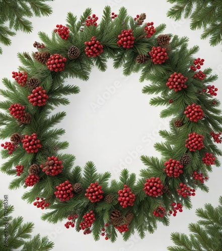 Festive evergreen branches arranged in a circular pattern and filled with red berries and pine cones against a white background, red berries, pine cone