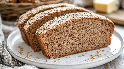 Three slices of crusty oat bread on a plate, showing texture and detail. photo