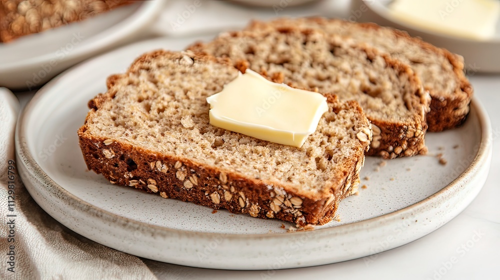 Two slices of wholesome oat bread with butter on a plate. Two slices of wholesome oat bread with butter on a plate.