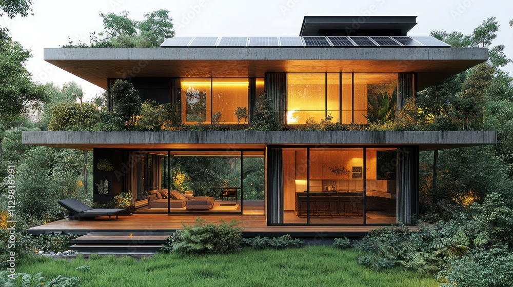 Eco-Friendly Smart Home at Dusk with Solar Panels and Open Lawn Eco-Friendly Smart Home at Dusk with Solar Panels and Open Lawn