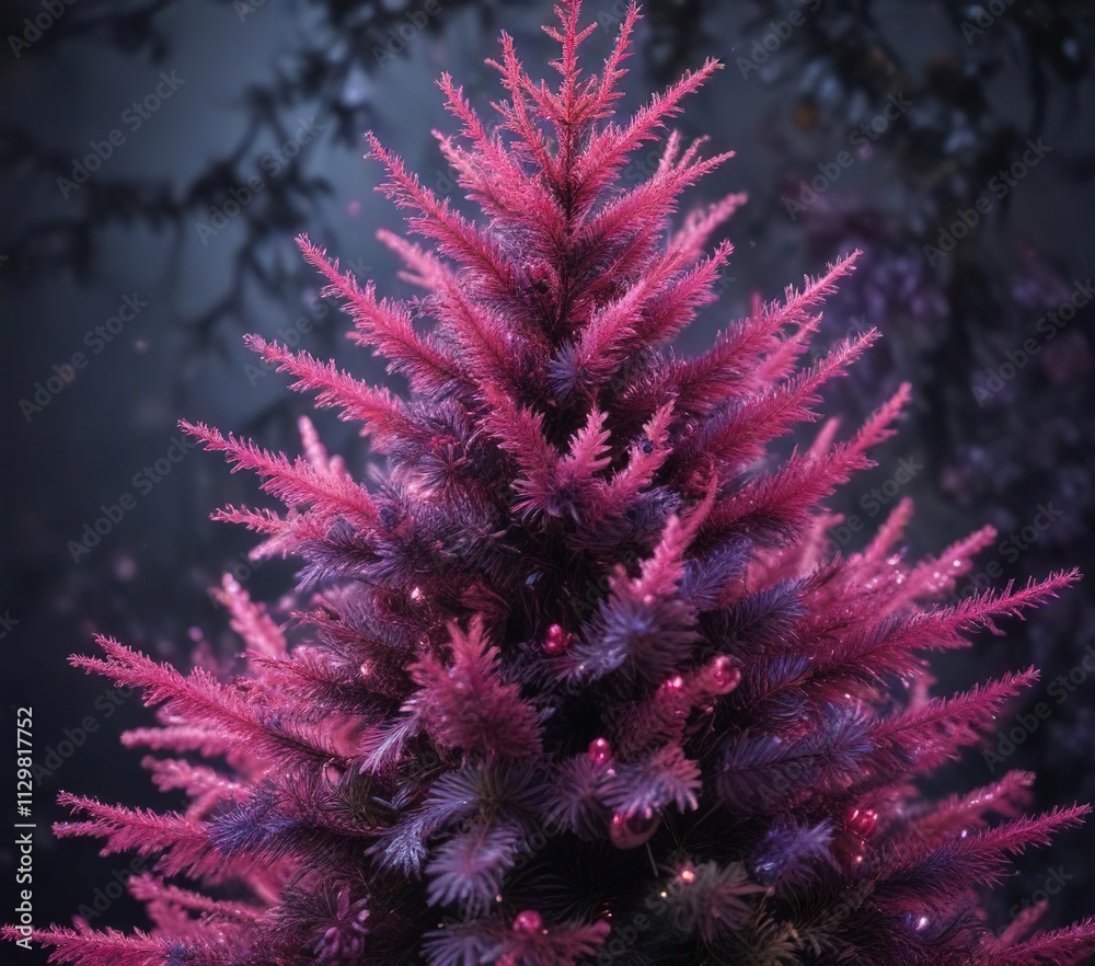 Glittering pink and purple tinsel covering the branches of a small spruce tree, shimmering effect, pastel colors Glittering pink and purple tinsel covering the branches of a small spruce tree, shimmering effect, pastel colors