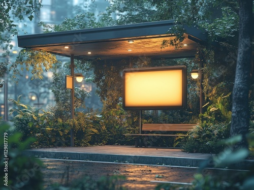 Serene Urban Bus Stop at Dusk with Luminous Billboards and Lush Greenery photo