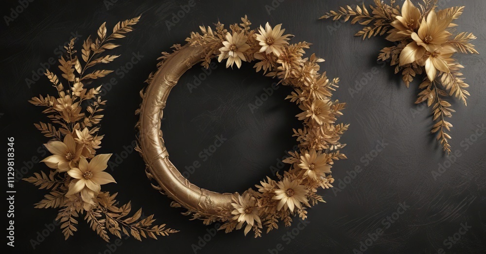 Golden floral wreath on a worn leather background, gold leaf, bohemian, contemporary decor Golden floral wreath on a worn leather background, gold leaf, bohemian, contemporary decor