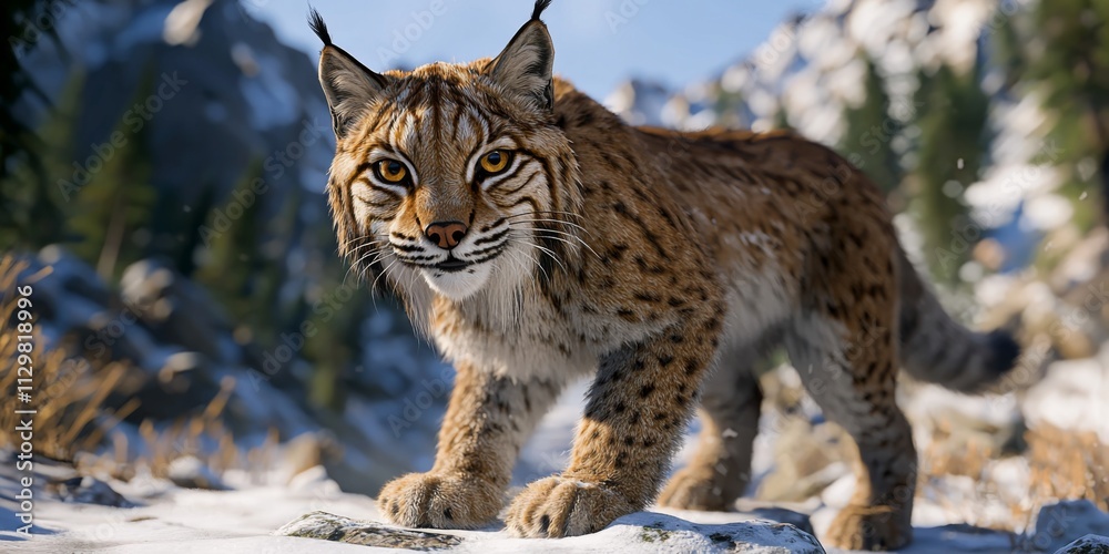 Fototapeta premium Majestic Lynx in Snowy Mountain Winter Forest Landscape