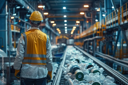 Industrial Worker Observing a Conveyor Belt in a Factory