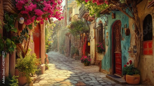 Old narrow Arabian street, houses decorated with flowers.