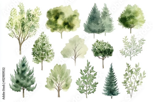 Top view design plan of different green trees shrubs bushes. Watercolor style illustration. Suitable for landscape design. Potential usage garden design, park layout, eco friendly urban development, photo