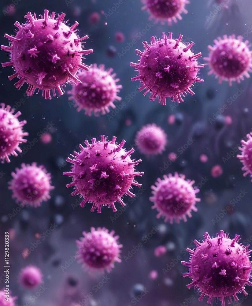 Individual pink and purple viruses floating in the air with shimmering effects , air, shimmer