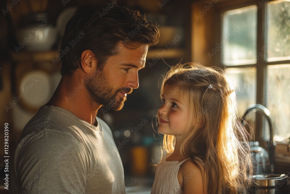 Father Caring for Sick Daughter at Home with Cold Fever and Coughing in Cozy Kitchen Father Caring for Sick Daughter at Home with Cold Fever and Coughing in Cozy Kitchen