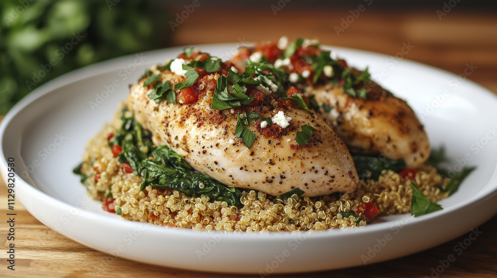 Delicious chicken breast served on quinoa with spinach and herbs