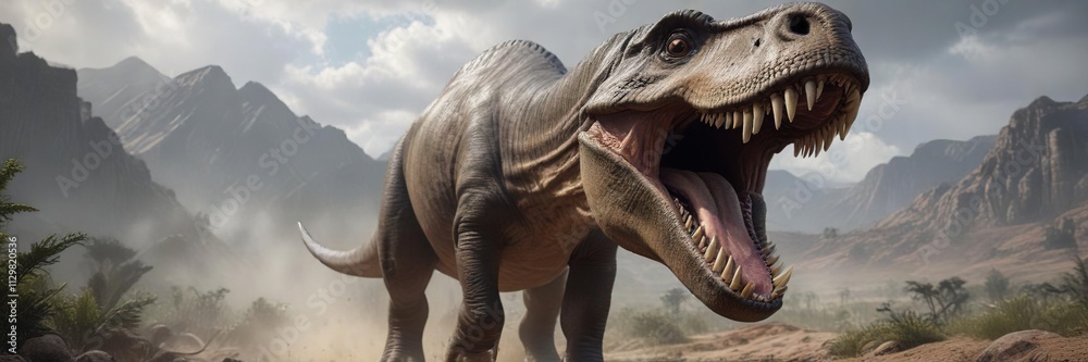 Fototapeta premium Jaw-dropping image of a massive Apatosaurus with its mouth wide open revealing enormous teeth, enormous, long-necked