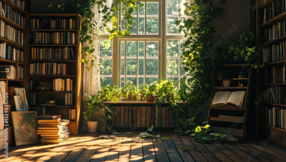 Sunlit Library with Bookshelves and Greenery Sunlit Library with Bookshelves and Greenery