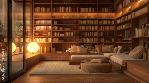 A modern library with sleek wooden shelves, a reading nook with cushions