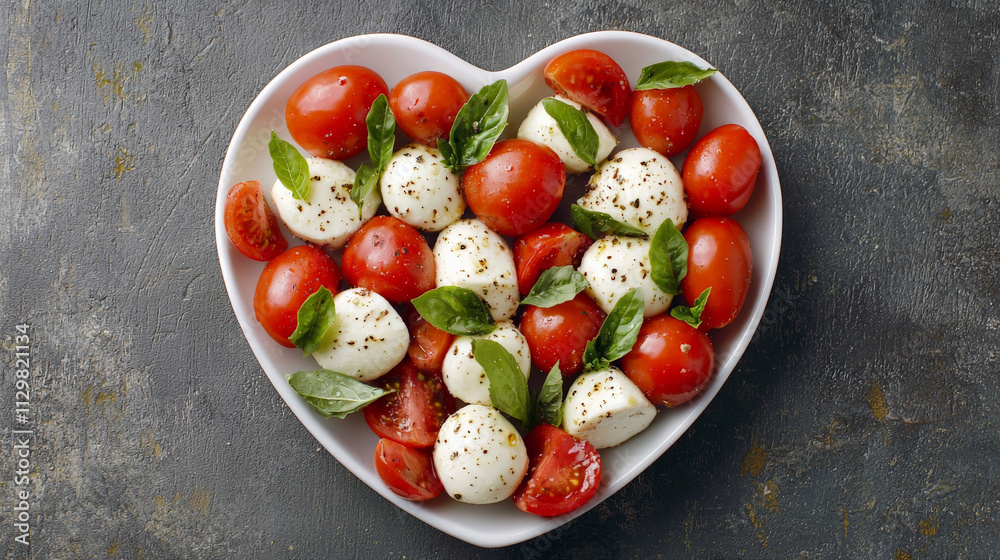 Fresh Caprese salad with tomatoes, mozzarella, and basil in heart shape Fresh Caprese salad with tomatoes, mozzarella, and basil in heart shape