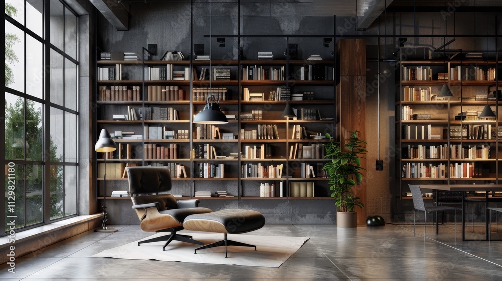 A modern loft library with metal and wood shelves, a minimalist reading chair