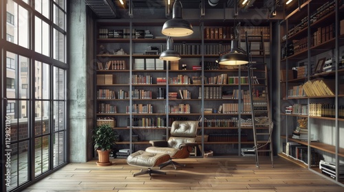 A modern loft library with metal and wood shelves, a minimalist reading chair