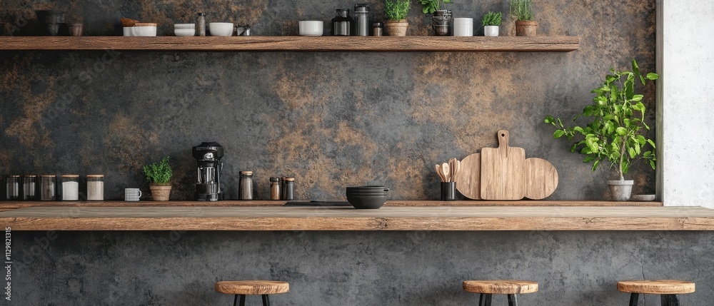 Rustic Kitchen Countertop With Wooden Shelves and Plants Rustic Kitchen Countertop With Wooden Shelves and Plants