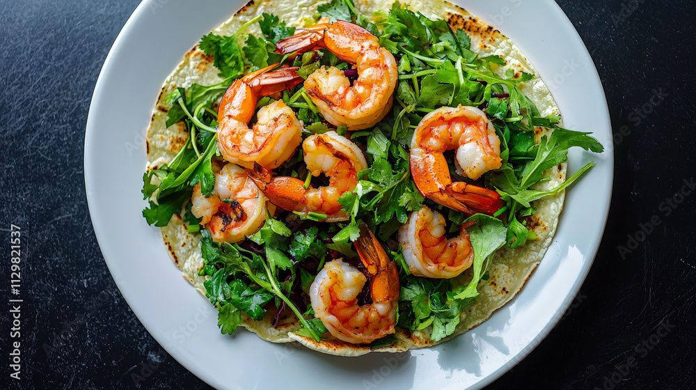 plate of shrimp tacos topped with fresh herbs and greens plate of shrimp tacos topped with fresh herbs and greens