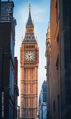 View of Big Ben from a narrow London street during sunset highlighting the iconic clock tower’s stunning architecture