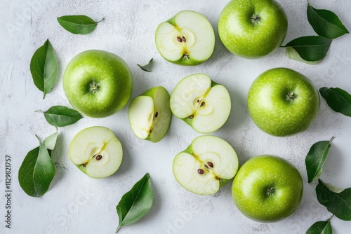 Aromatic Green Apples Still Life Photography: Fresh Juicy Granny Smith Apples with Leaves on a White Background