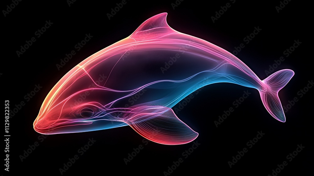 Fototapeta premium Glowing neon dolphin illustration on black.