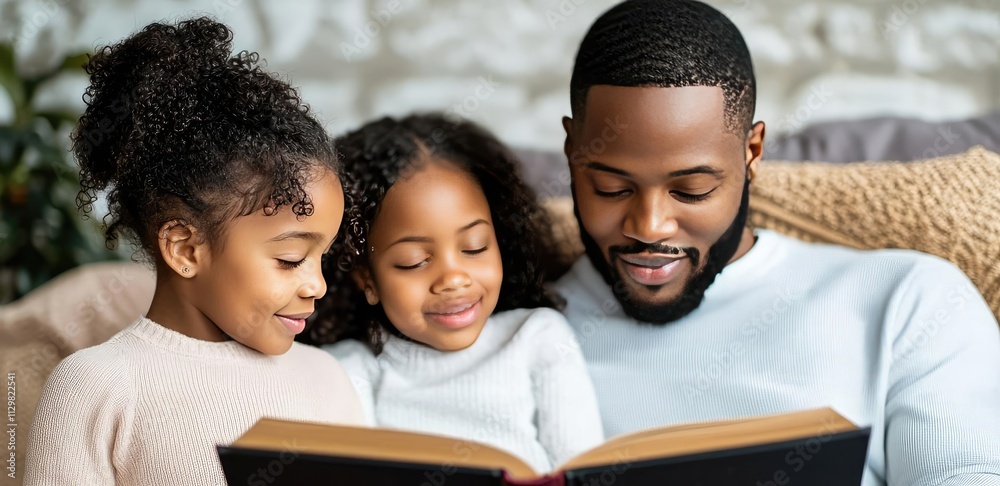 African American pride concept. A father and his daughters enjoying storytime together at home, fostering family bonds. African American pride concept. A father and his daughters enjoying storytime together at home, fostering family bonds.