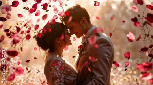 Romantic Couple Embracing, Rose Petals Swirling, Golden Hour Love