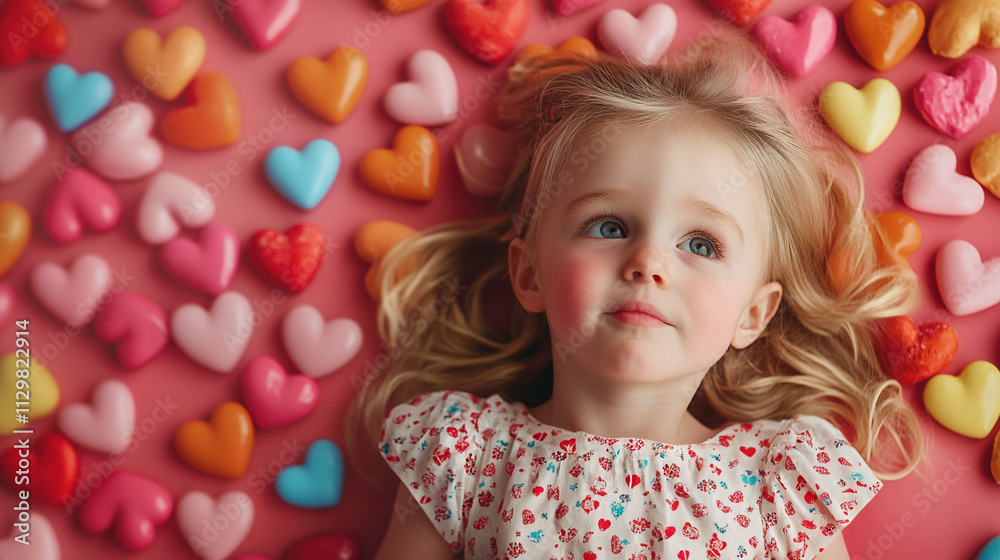 Cute child surrounded by colorful heart candies Cute child surrounded by colorful heart candies