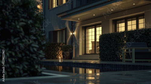 A modern villa at night with illuminated windows, a spacious patio with a luxurious pool